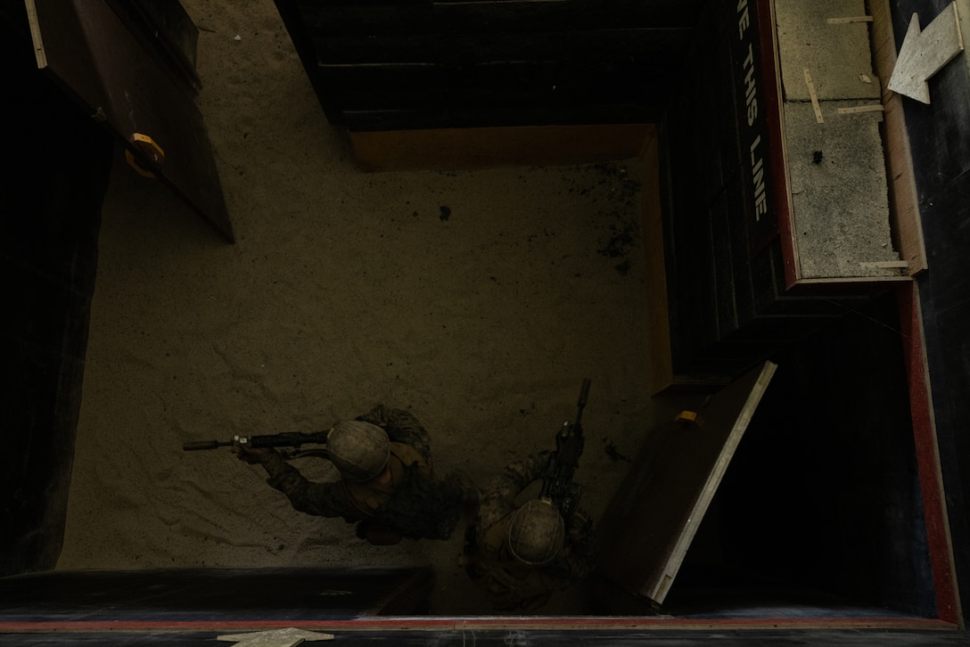 U.S. Marines with 2nd Battalion, 23rd Marines, forward deployed with 4th Marine Regiment, 3d Marine Division as part of the Unit Deployment Program, clear buildings during a live fire shoothouse as a part of military operations in urban terrain training during Korea Viper 25.4 at Camp Rodriguez, South Korea, May 24, 2025. Korea Viper is a recurring exercise series that demonstrates the Republic of Korea and U.S. Marine Corps' ability to respond decisively in the region as a singular, unified force while strengthening relationships and trust between the two allies. (U.S. Marine Corps photo by Lance Cpl. Tucker Mocan)
