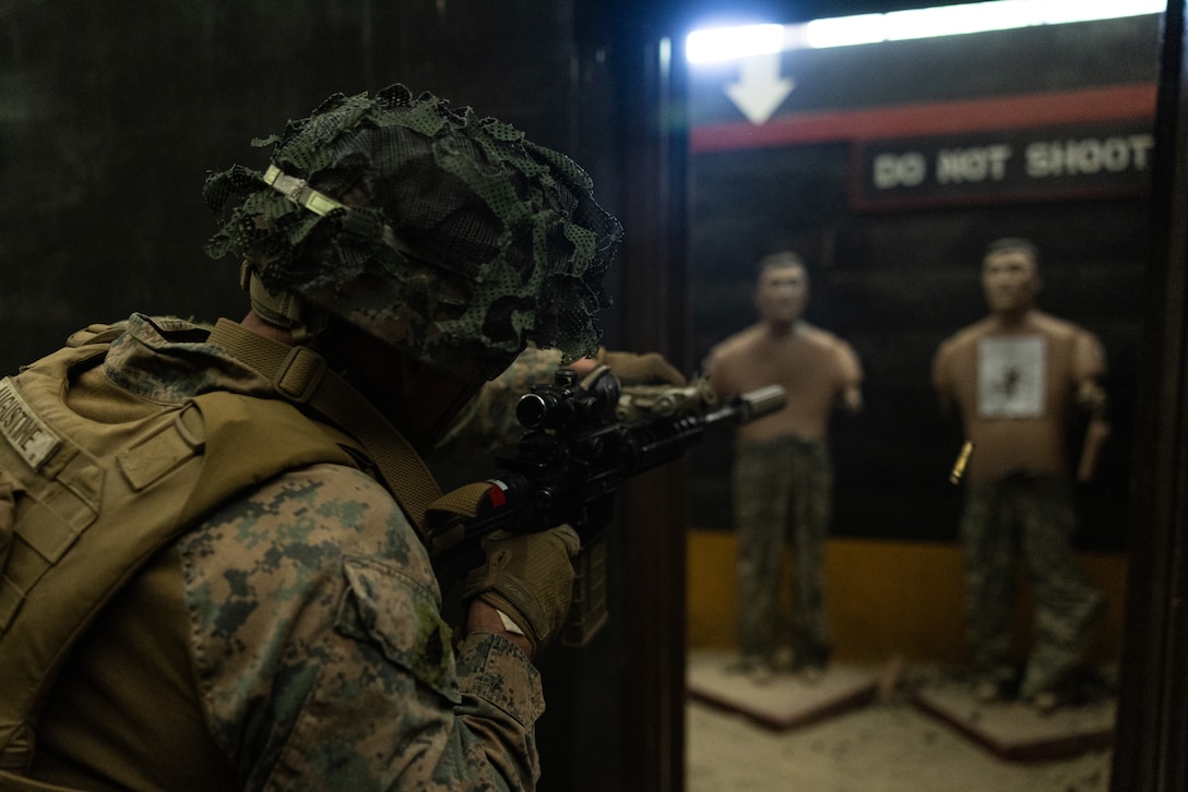 U.S. Marine Corps Sgt. David Augustine, an infantry rifleman with 2nd Battalion, 23rd Marines forward deployed with 4th Marine Regiment, 3d Marine Division as part of the Unit Deployment Program, engages targets during a live fire shoothouse as a part of military operations in urban terrain training during Korea Viper 25.4 at Camp Rodriguez, South Korea, May 24, 2025. Korea Viper is a recurring exercise series that demonstrates the Republic of Korea and U.S. Marine Corps' ability to respond decisively in the region as a singular, unified force while strengthening relationships and trust between the two allies. Augustine is a native of California. (U.S. Marine Corps photo by Lance Cpl. Tucker Mocan)