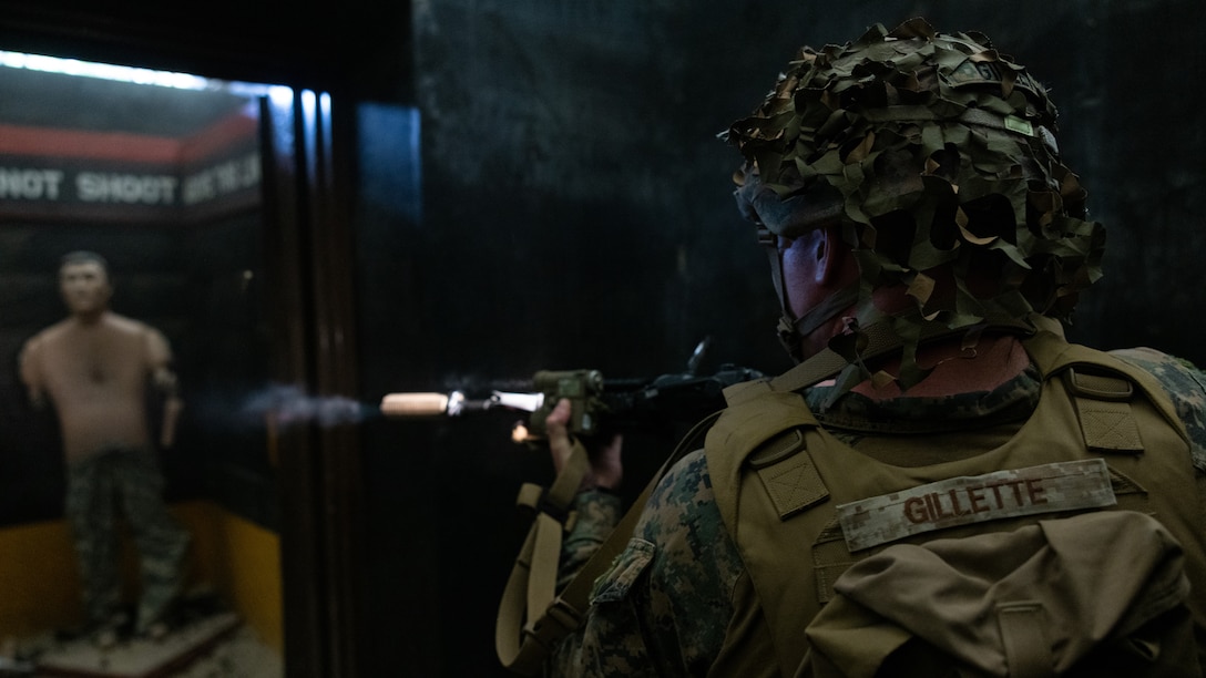 U.S. Marine Corps Sgt. Sean Gillette, a mortarman with 2nd Battalion, 23rd Marines forward deployed with 4th Marine Regiment, 3d Marine Division as part of the Unit Deployment Program, engages targets during a live fire shoothouse as a part of military operations in urban terrain training during Korea Viper 25.4 at Camp Rodriguez, South Korea, May 24, 2025. Korea Viper is a recurring exercise series that demonstrates the Republic of Korea and U.S. Marine Corps' ability to respond decisively in the region as a singular, unified force while strengthening relationships and trust between the two allies. Gillette is a native of Missouri. (U.S. Marine Corps photo by Lance Cpl. Tucker Mocan)