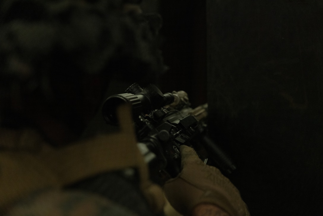 A U.S. Marine with 2nd Battalion, 23rd Marines, forward deployed with 4th Marine Regiment, 3d Marine Division as part of the Unit Deployment Program, conducts room clearings during a live fire shoothouse as a part of military operations in urban terrain training during Korea Viper 25.4 at Camp Rodriguez, South Korea, May 24, 2025. Korea Viper is a recurring exercise series that demonstrates the Republic of Korea and U.S. Marine Corps' ability to respond decisively in the region as a singular, unified force while strengthening relationships and trust between the two allies. (U.S. Marine Corps photo by Lance Cpl. Tucker Mocan)