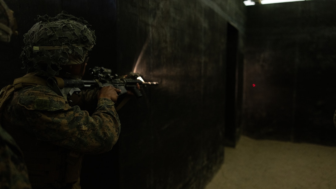 A U.S. Marine with 2nd Battalion, 23rd Marines, forward deployed with 4th Marine Regiment, 3d Marine Division as part of the Unit Deployment Program, conducts room clearings during a live fire shoothouse as a part of military operations in urban terrain training during Korea Viper 25.4 at Camp Rodriguez, South Korea, May 24, 2025. Korea Viper is a recurring exercise series that demonstrates the Republic of Korea and U.S. Marine Corps' ability to respond decisively in the region as a singular, unified force while strengthening relationships and trust between the two allies. (U.S. Marine Corps photo by Lance Cpl. Tucker Mocan)