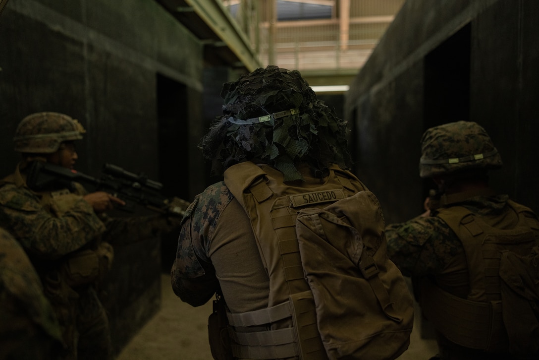 U.S. Marine Corps Cpl. Jose Saucedo, a mortarman with 2nd Battalion, 23rd Marines forward deployed with 4th Marine Regiment, 3d Marine Division as part of the Unit Deployment Program, conducts room clearings during a live fire shoothouse as a part of military operations in urban terrain training during Korea Viper 25.4 at Camp Rodriguez, South Korea, May 24, 2025. Korea Viper is a recurring exercise series that demonstrates the Republic of Korea and U.S. Marine Corps' ability to respond decisively in the region as a singular, unified force while strengthening relationships and trust between the two allies. Saucedo is a native of California. (U.S. Marine Corps photo by Lance Cpl. Tucker Mocan)