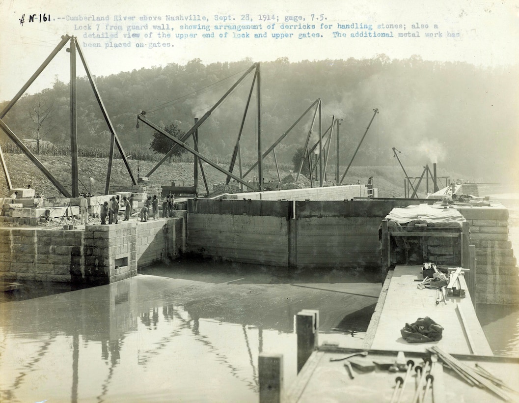 This is Lock 7 Sept. 28, 1914, in Nashville, Tennessee, showing an arrangement of derricks for handling stones. It includes a detailed view of the upper end of the lock and upper gates. The old locks and dams were later replaced by today's modern dams. (USACE Photo)