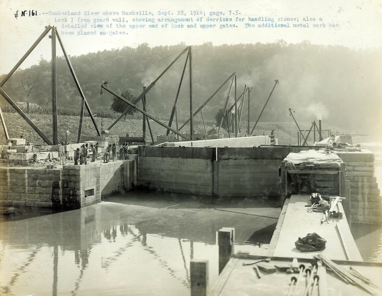 This is Lock 7 Sept. 28, 1914, in Nashville, Tennessee, showing an arrangement of derricks for handling stones. It includes a detailed view of the upper end of the lock and upper gates. The old locks and dams were later replaced by today's modern dams. (USACE Photo)