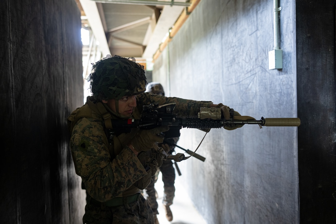 U.S. Marine Corps Sgt. David Augustine, an infantry rifleman with 2nd Battalion, 23rd Marines forward deployed with 4th Marine Regiment, 3d Marine Division as part of the Unit Deployment Program, conducts room clearings during a live fire shoothouse as a part of military operations in urban terrain training during Korea Viper 25.4 at Camp Rodriguez, South Korea, May 24, 2025. Korea Viper is a recurring exercise series that demonstrates the Republic of Korea and U.S. Marine Corps' ability to respond decisively in the region as a singular, unified force while strengthening relationships and trust between the two allies. Augustine is a native of California. (U.S. Marine Corps photo by Lance Cpl. Tucker Mocan)
