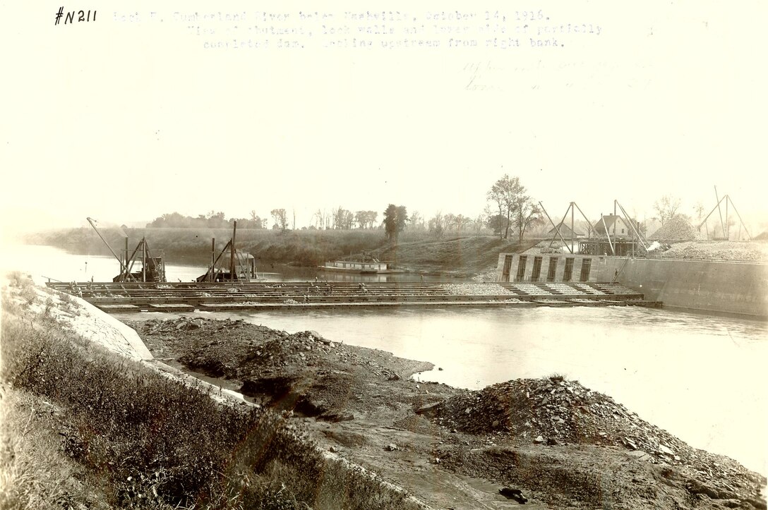 This is Lock and Dam B under construction on the Cumberland River in Montgomery County, Tennessee, Oct. 14, 1916. The U.S. Army Corps of Engineers Nashville District built the lock and dam to establish a navigation channel. The old locks and dams were later replaced by today's modern dams. (USACE Photo)
