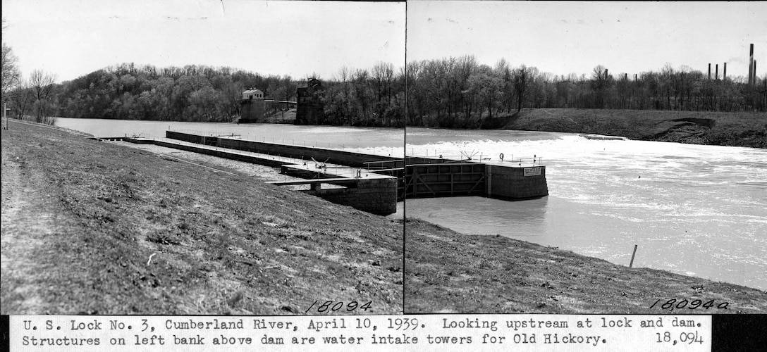 This is Lock 3 on the Cumberland River in Nashville, Tennessee. The U.S. Army Corps of Engineers Nashville District built the lock and dam to establish a navigation channel. The old locks and dams were later replaced by today's modern dams. (USACE Photo)