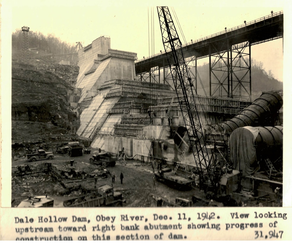 Crews construct Dale Hollow Dam on the Obey River Dec. 11, 1942 in Celina, Tennessee. The multi-purpose dam would serve to replace the old locks and dams on the Cumberland River. (USACE Photo)