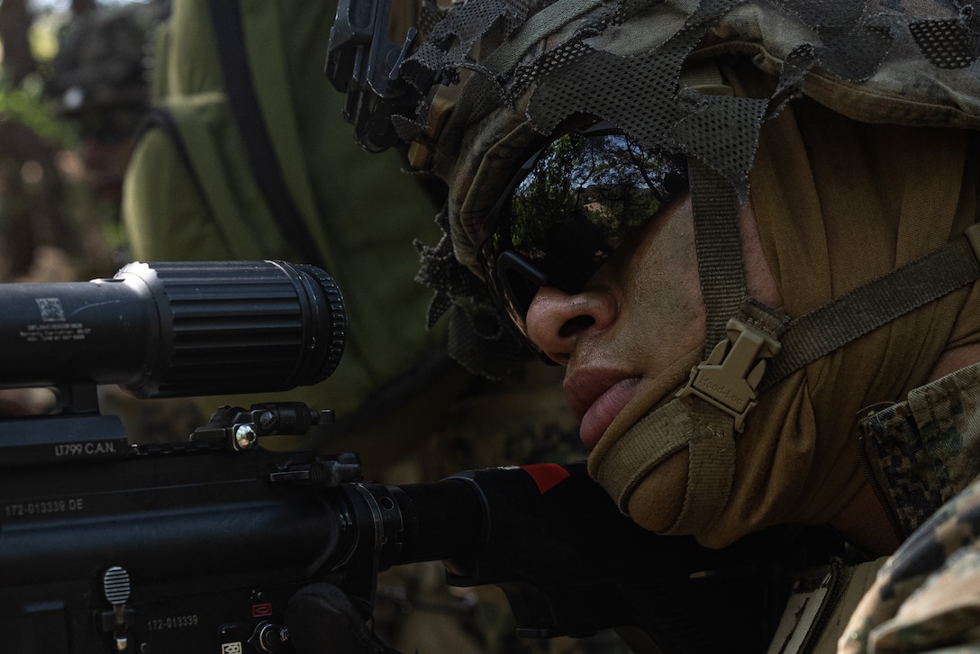 U.S. Marine Corps Cpl. Angel Zuniga, an infantry rifleman with 2nd Battalion, 23rd Marines forward deployed with 4th Marine Regiment, 3d Marine Division as part of the Unit Deployment Program, conducts a live fire range during a patrol during Korea Viper 25.4 at Camp Rodriguez, South Korea, May 22, 2025. Korea Viper is a recurring exercise series that demonstrates the Republic of Korea and U.S. Marine Corps' ability to respond decisively in the region as a singular, unified force while strengthening relationships and trust between the two allies. Zuniga is a native of Angel. (U.S. Marine Corps photo by Lance Cpl. Tucker Mocan)