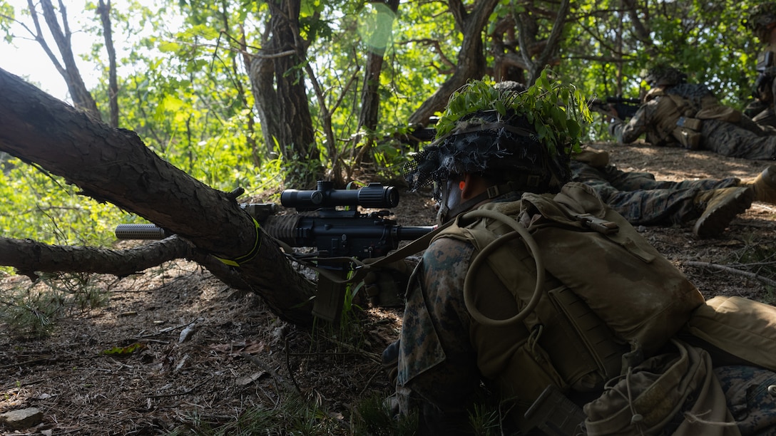 U.S. Marines with 2nd Battalion, 23rd Marines, forward deployed with 4th Marine Regiment, 3d Marine Division as part of the Unit Deployment Program, conduct a live fire range during a patrol during Korea Viper 25.4 at Camp Rodriguez, South Korea, May 22, 2025. Korea Viper is a recurring exercise series that demonstrates the Republic of Korea and U.S. Marine Corps' ability to respond decisively in the region as a singular, unified force while strengthening relationships and trust between the two allies. (U.S. Marine Corps photo by Lance Cpl. Tucker Mocan)