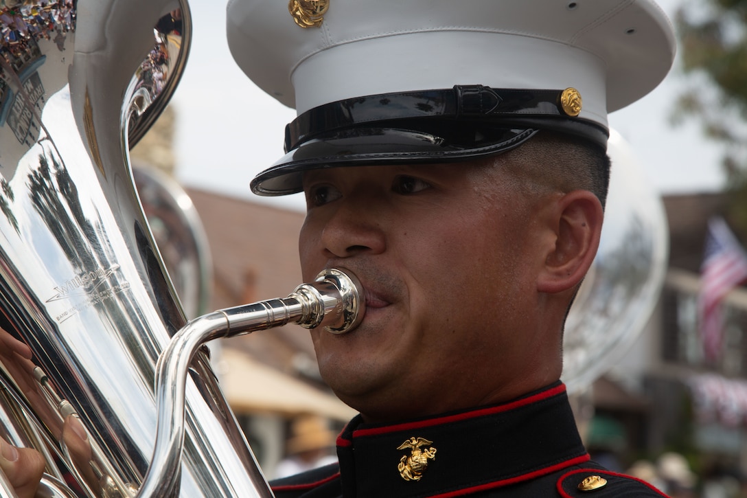 U.S. Marine Corps Lance Cpl. Caseytri Tran, a musician euphonium instrumentalist with the 3rd Marine Aircraft Wing Band, performs during the 30th Annual Balboa Island Parade, Newport Beach, California, June 1, 2025.