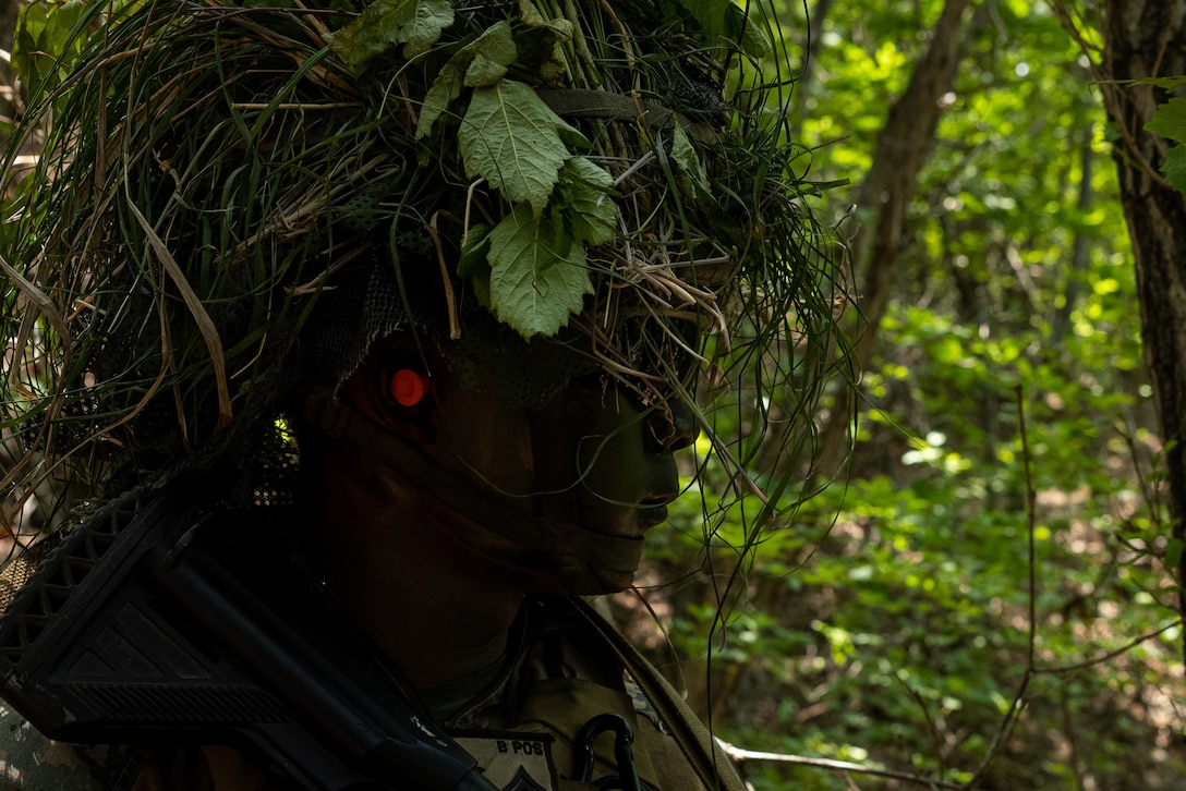 U.S. Marine Corps Cpl. Egan Leong, an infantry rifleman with 2nd Battalion, 23rd Marines forward deployed with 4th Marine Regiment, 3d Marine Division as part of the Unit Deployment Program, patrols during Korea Viper 25.4 at Camp Rodriguez, South Korea, May 22, 2025. Korea Viper is a recurring exercise series that demonstrates the Republic of Korea and U.S. Marine Corps' ability to respond decisively in the region as a singular, unified force while strengthening relationships and trust between the two allies. Leong is a native of California. (U.S. Marine Corps photo by Lance Cpl. Tucker Mocan)