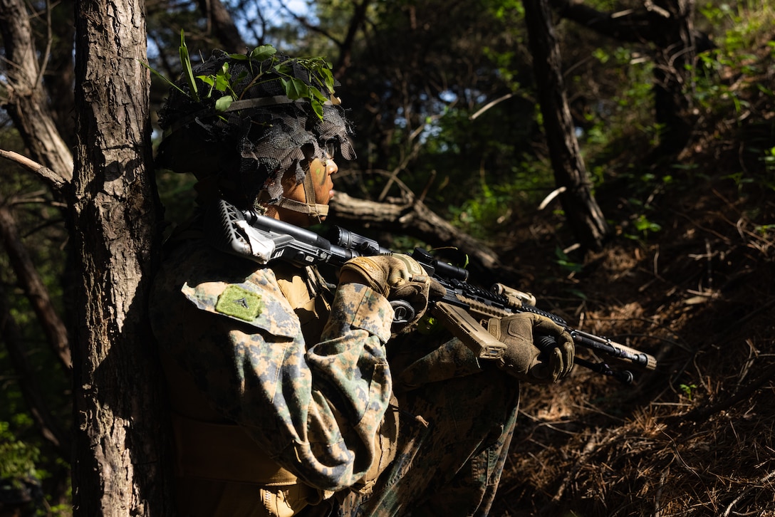 U.S. Marine Corps Lance Cpl. Melvin Lopez-Garcia, an infantry rifleman with 2nd Battalion, 23rd Marines forward deployed with 4th Marine Regiment, 3d Marine Division as part of the Unit Deployment Program, posts security on a patrol during Korea Viper 25.4 at Camp Rodriguez, South Korea, May 22, 2025. Korea Viper is a recurring exercise series that demonstrates the Republic of Korea and U.S. Marine Corps' ability to respond decisively in the region as a singular, unified force while strengthening relationships and trust between the two allies. Lopez-Garcia is a native of California. (U.S. Marine Corps photo by Lance Cpl. Tucker Mocan)