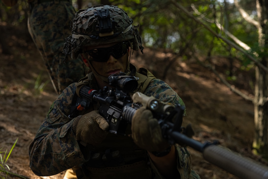 U.S. Marine Corps Lance Cpl. Finn Wayland, an infantry rifleman with 2nd Battalion, 23rd Marines forward deployed with 4th Marine Regiment, 3d Marine Division as part of the Unit Deployment Program, posts security on a patrol during Korea Viper 25.4 at Camp Rodriguez, South Korea, May 22, 2025. Korea Viper is a recurring exercise series that demonstrates the Republic of Korea and U.S. Marine Corps' ability to respond decisively in the region as a singular, unified force while strengthening relationships and trust between the two allies. Wayland is a native of California. (U.S. Marine Corps photo by Lance Cpl. Tucker Mocan)