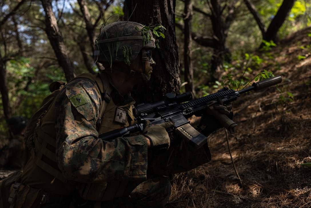 U.S. Marine Corps Lance Cpl. Lucas Cole, an infantry rifleman with 2nd Battalion, 23rd Marines forward deployed with 4th Marine Regiment, 3d Marine Division as part of the Unit Deployment Program, patrols during Korea Viper 25.4 at Camp Rodriguez, South Korea, May 22, 2025. Korea Viper is a recurring exercise series that demonstrates the Republic of Korea and U.S. Marine Corps' ability to respond decisively in the region as a singular, unified force while strengthening relationships and trust between the two allies. Cole is a native of Tennessee. (U.S. Marine Corps photo by Lance Cpl. Tucker Mocan)