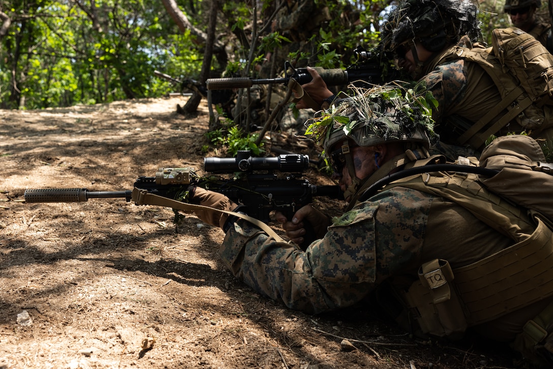 U.S. Marines with 2nd Battalion, 23rd Marines, forward deployed with 4th Marine Regiment, 3d Marine Division as part of the Unit Deployment Program, conduct a live fire range during a patrol during Korea Viper 25.4 at Camp Rodriguez, South Korea, May 22, 2025. Korea Viper is a recurring exercise series that demonstrates the Republic of Korea and U.S. Marine Corps' ability to respond decisively in the region as a singular, unified force while strengthening relationships and trust between the two allies. (U.S. Marine Corps photo by Lance Cpl. Tucker Mocan)