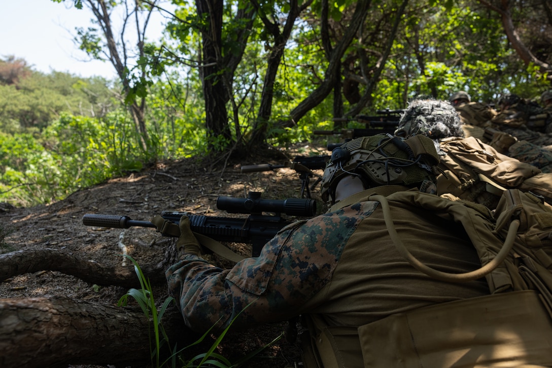 U.S. Marines with 2nd Battalion, 23rd Marines, forward deployed with 4th Marine Regiment, 3d Marine Division as part of the Unit Deployment Program, conduct a live fire range during a patrol during Korea Viper 25.4 at Camp Rodriguez, South Korea, May 22, 2025. Korea Viper is a recurring exercise series that demonstrates the Republic of Korea and U.S. Marine Corps' ability to respond decisively in the region as a singular, unified force while strengthening relationships and trust between the two allies. (U.S. Marine Corps photo by Lance Cpl. Tucker Mocan)