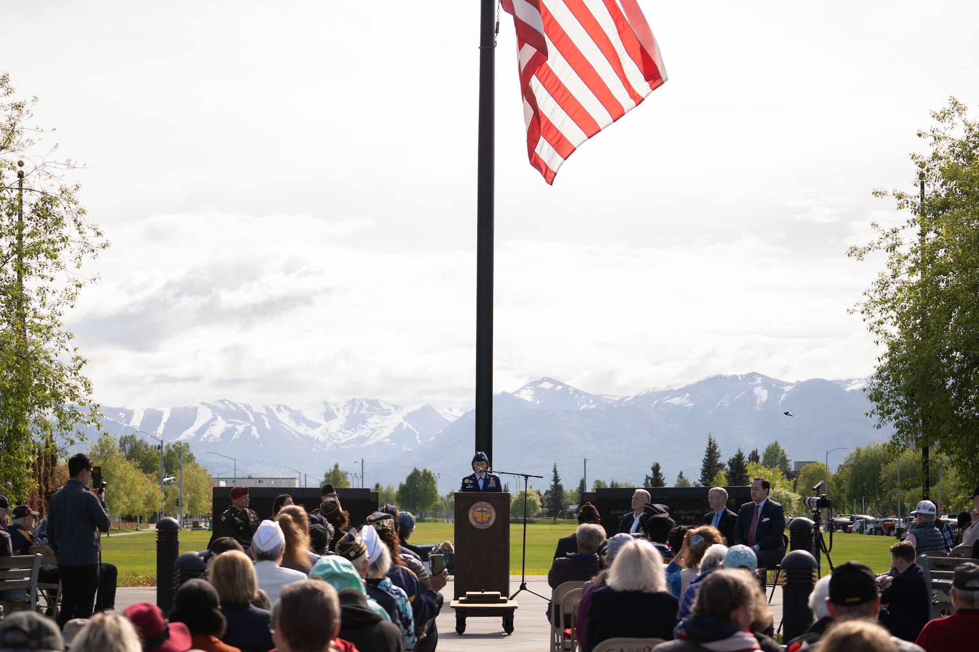 U.S. Air Force Col. Lisa Mabbutt, Joint Base Elmendorf-Richardson and 673d Air Base Wing commander, speaks at the Anchorage Remembers Memorial Day Ceremony at Delaney Park, Anchorage, Alaska on May 26, 2025.