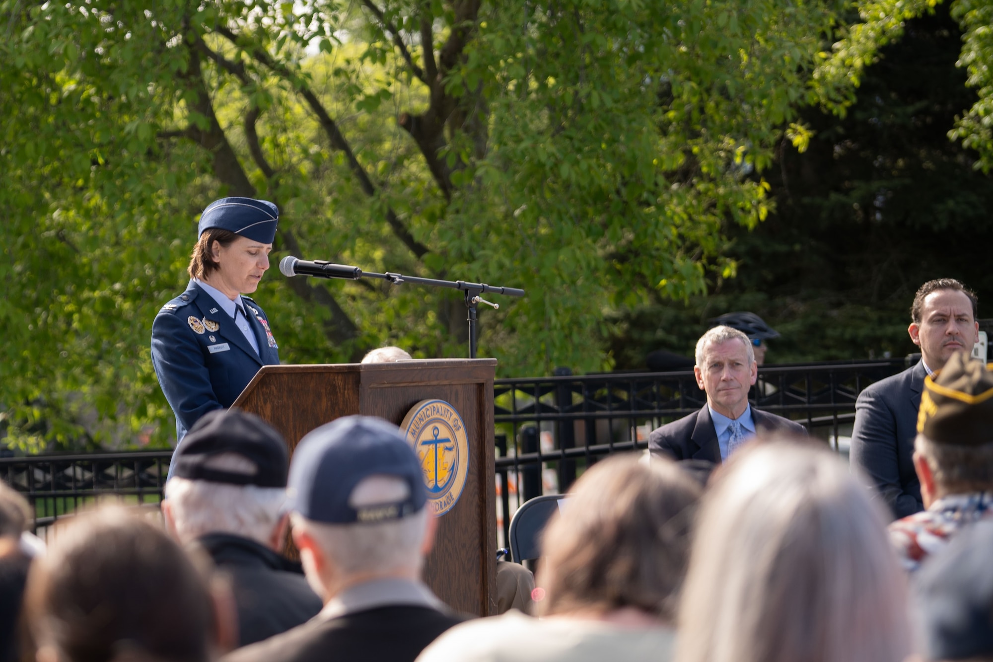 U.S. Air Force Col. Lisa Mabbutt, Joint Base Elmendorf-Richardson and 673d Air Base Wing commander, attends the Anchorage Remembers Memorial Day Ceremony as the keynote speaker at Delaney Park, Anchorage, Alaska on May 26, 2025.