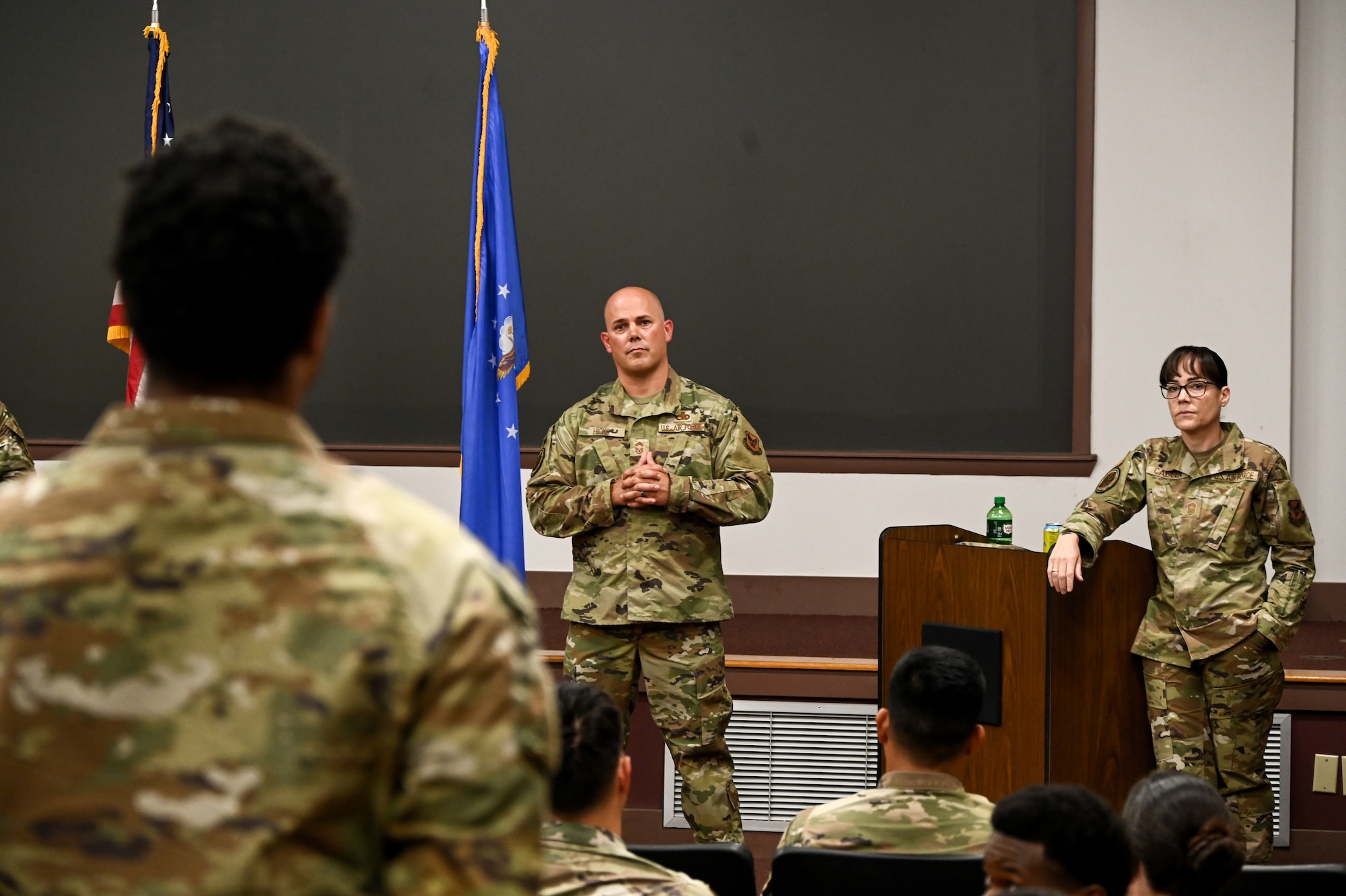 U.S. Air Force Chief Master Sgt. Joseph Hicks, Headquarters Air Force aircraft systems career field manager, answers questions from 2A Airmen assigned to the 350th Spectrum Warfare Wing during an all call at Eglin Air Force Base, Fla., May 28, 2025. The immersion lasted two days and allowed the visiting functional managers to engage with all A2s across the 350th Spectrum Warfare Wing to learn more about their unique electromagnetic warfare specific duties. (U.S. Air Force photo by Capt. Benjamin Aronson)