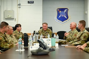 U.S. Air Force Chief Master Sgt. Will Cupp, 350th Spectrum Warfare Wing command chief, briefs visiting 2A maintenance functional managers during a wing immersion at Eglin Air Force Base, Fla., May 28, 2025. The functional managers visited to learn more about the unique 2A mission at the wing as it pertains to support the Air Force’s electromagnetic warfare mission requirements. (U.S. Air Force photo by Capt. Benjamin Aronson)