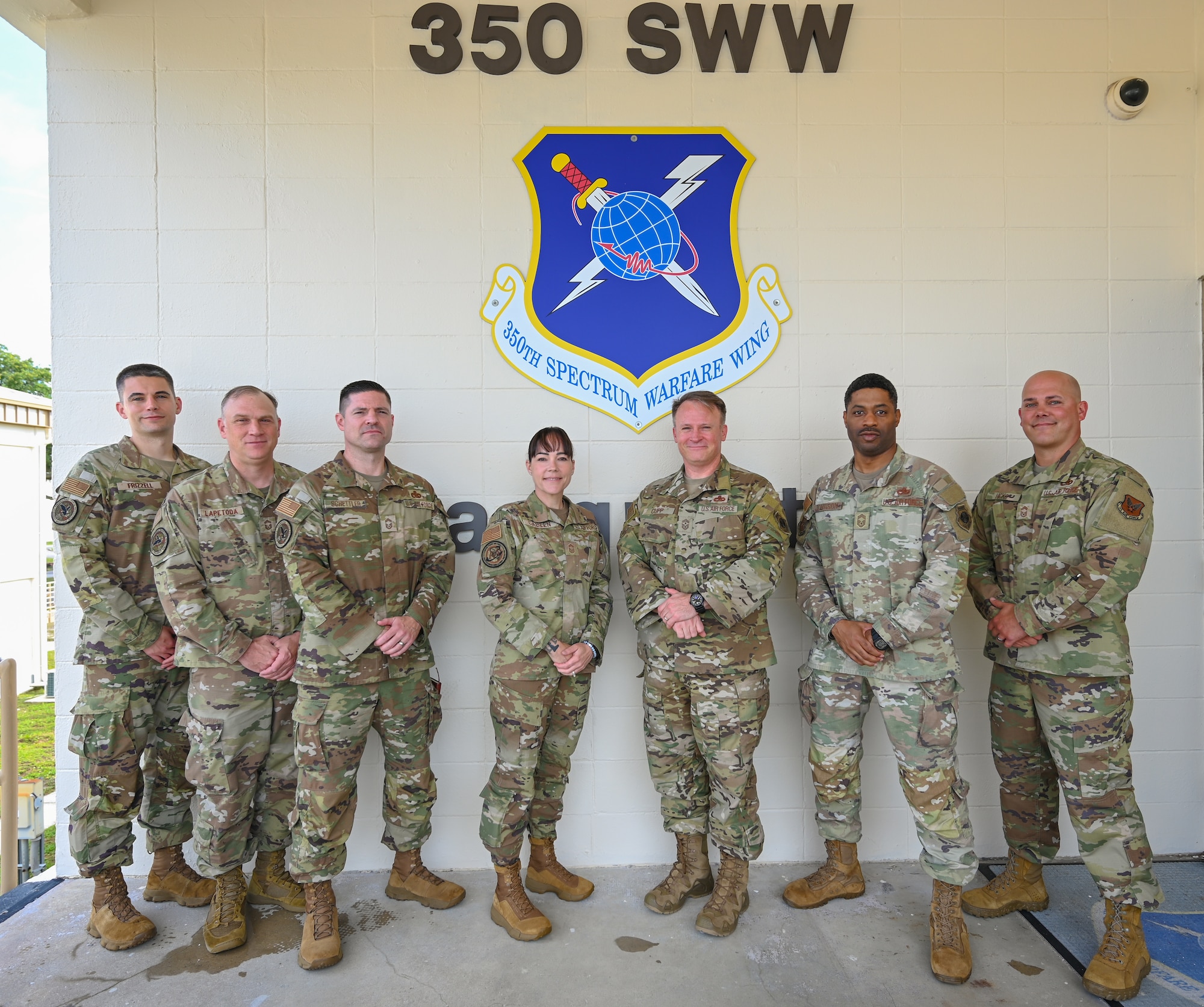 350th Spectrum Warfare Wing senior enlisted leaders and U.S. Air Force 2A maintenance functional managers pose for a group photo during a wing immersion at Eglin Air Force Base, Fla., May 28, 2025. The functional managers visited to learn more about the unique 2A mission at the wing as it pertains to support the Air Force’s electromagnetic warfare mission requirements. (U.S. Air Force photo by Capt. Benjamin Aronson)