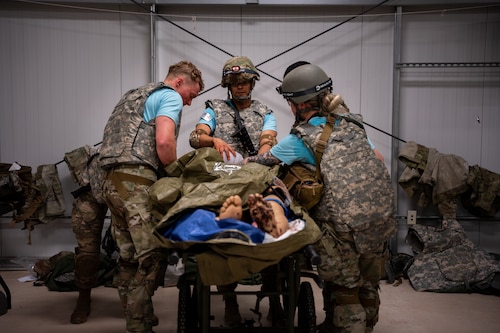U.S. Air Force medics treat a simulated patient during the 16th Annual Medic Rodeo exercise at Melrose Air Force Range, New Mexico.