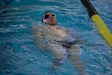 U.S. Army Staff Sgt. Justin Callison practices swimming on his back during swim practice at the 2025 Army Trials, Fort Bliss, Texas, April 3, 2025.
