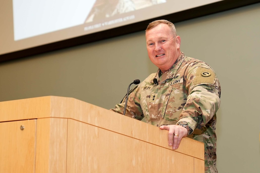 U.S. Army Commanding General of the 1st Theater Sustainment Command and former Commander of the Defense Logistics Agency Maj. Gen. Eric P. Shirley speaks to Troop Support Academy attendees about logistics in theater and the importance of DLA Troop Support's mission to the warfighter May 20.