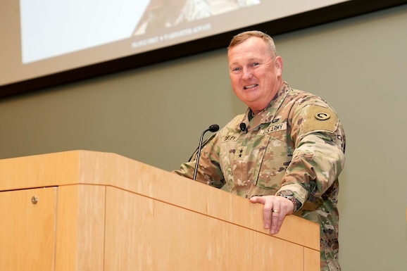U.S. Army Commanding General of the 1st Theater Sustainment Command and former Commander of the Defense Logistics Agency Maj. Gen. Eric P. Shirley speaks to Troop Support Academy attendees about logistics in theater and the importance of DLA Troop Support's mission to the warfighter May 20.