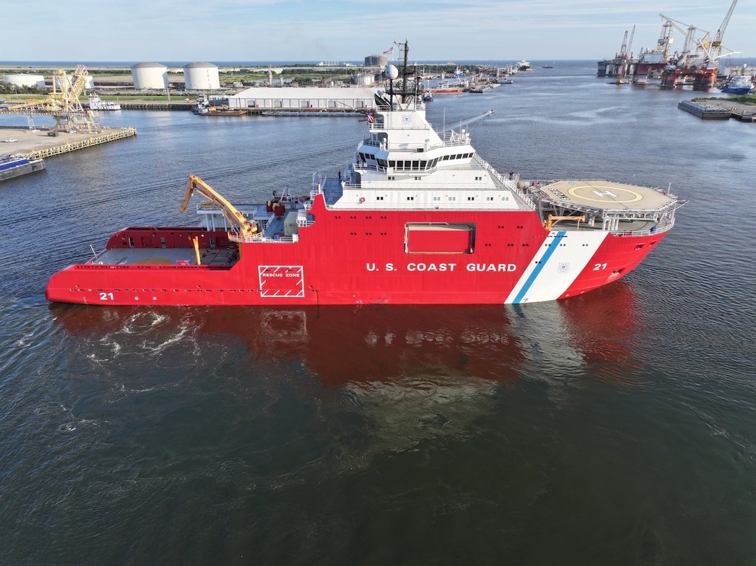 The U.S. Coast Guard Cutter Storis is shown here transitioning from the Bollinger Mississippi Shipyard to the city fuel pier, June 1, 2025.