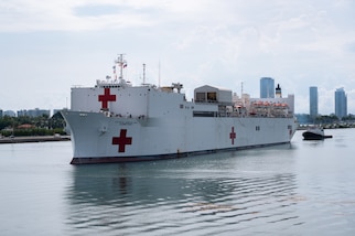 U.S. Naval Ship Comfort pulls into port in Miami, Florida