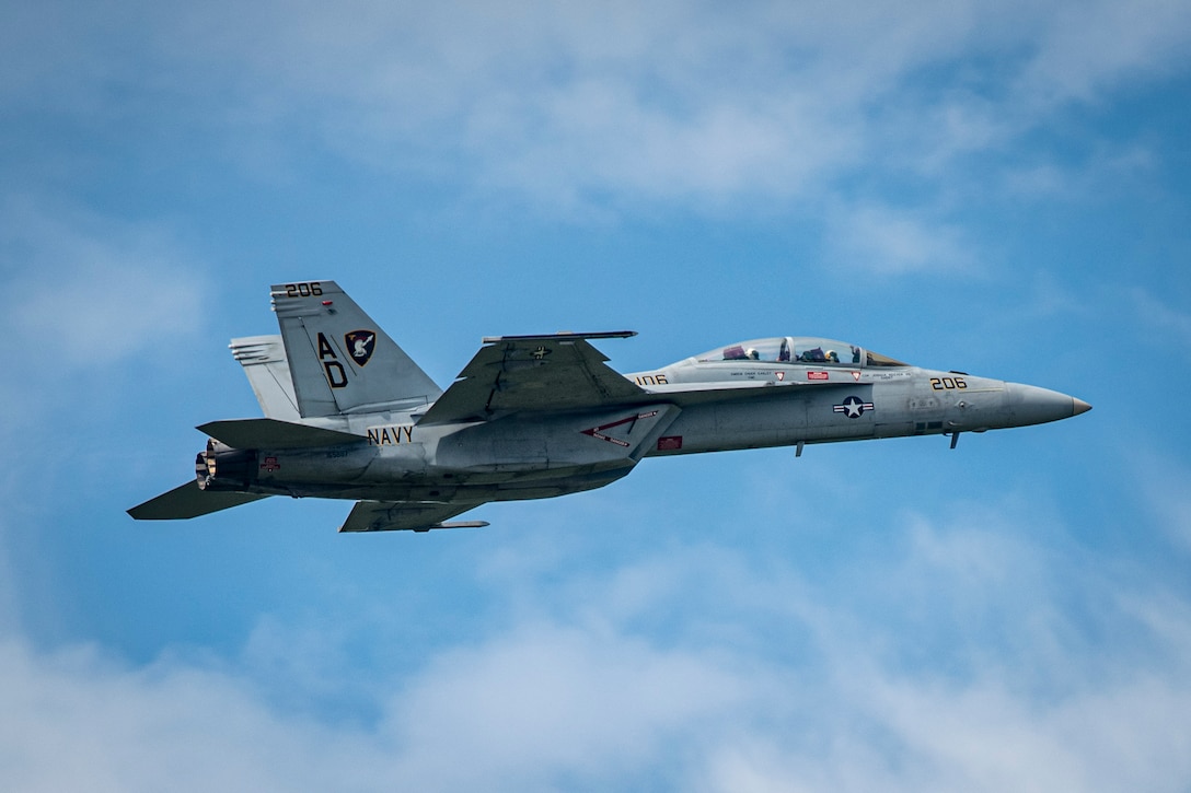 The Rhino Demonstration Team of Strike Fighter Squadron (VFA) 106 performs during the 2023 NAS Oceana Air Show.