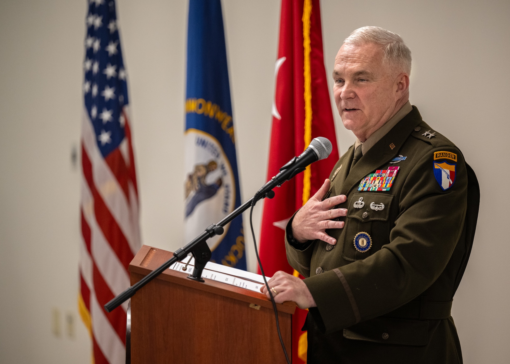 Kentucky’s adjutant general, U.S. Army Maj. Gen. Haldane Lamberton, speaks during an award ceremony at the Kentucky Air National Guard Base in Louisville, Ky., April 13, 2025, to honor 11 members of the 123rd Airlift Wing Fatality Search and Recovery Team. The Airmen were presented with medals from two states for meritorious service in disaster-response efforts in North Carolina following Hurricane Helene in 2024, assisting local officials with 79 cases, processing the remains of 48 victims and participating in four searches over mountainous terrain, earning the Kentucky Merit Ribbon and the North Carolina State Active Duty Ribbon. (U.S. Air National Guard photo by Dale Greer)