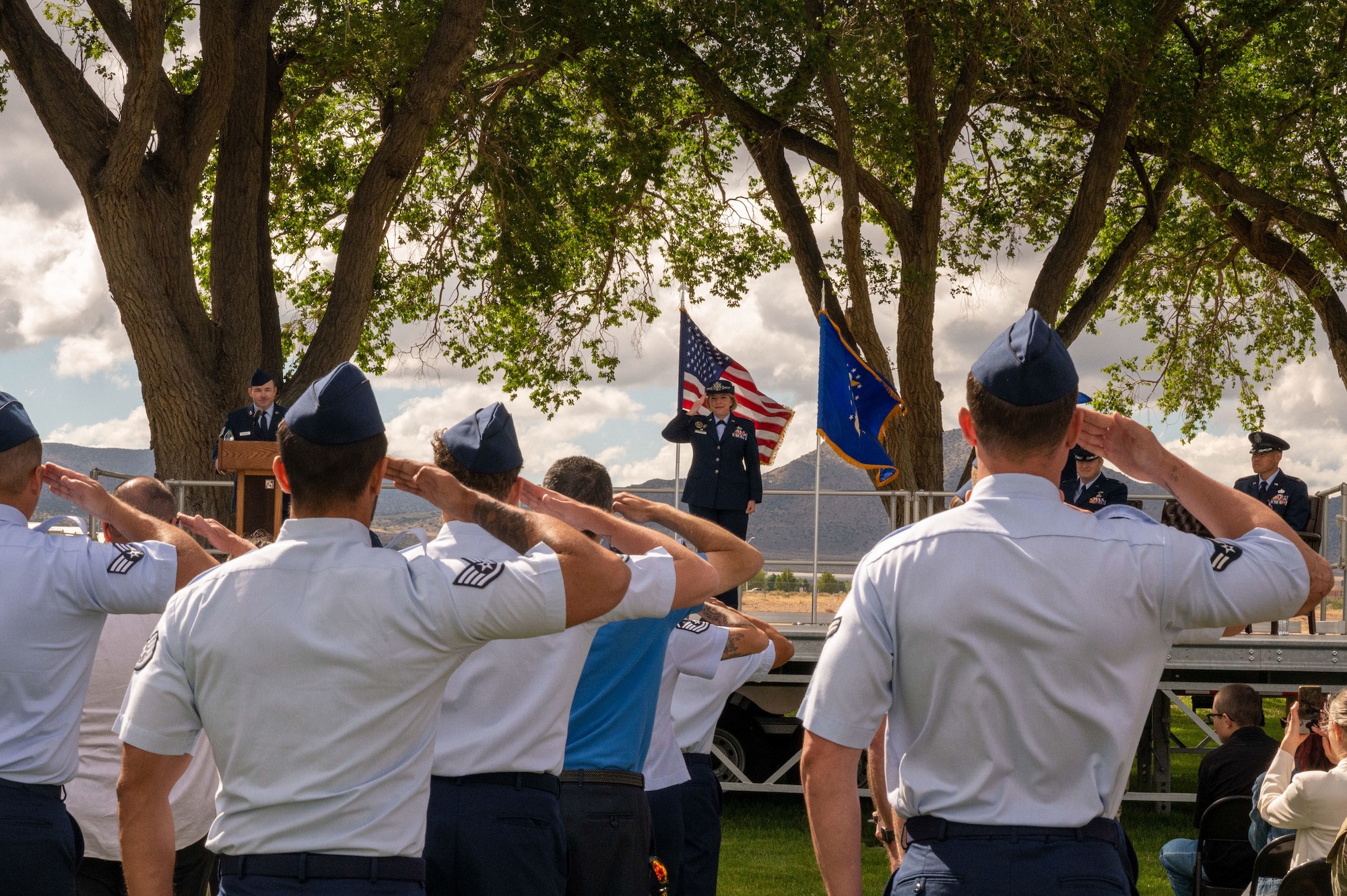 Col. Kelly Padden, 377th Mission Support Group incoming commander, receives her first salute from the 377th MSG during a change of command ceremony at Kirtland Air Force Base, New Mexico, June 3, 2025. The 377th MSG is responsible for providing combat-ready support to KAFB. (U.S. Air Force photo by Amn Alenne Mojica).