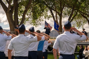 Col. Kelly Padden, 377th Mission Support Group incoming commander, receives her first salute from the 377th MSG during a change of command ceremony at Kirtland Air Force Base, New Mexico, June 3, 2025. The 377th MSG is responsible for providing combat-ready support to KAFB. (U.S. Air Force photo by Amn Alenne Mojica).