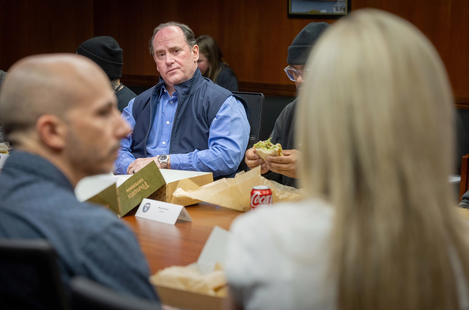 Secretary of the Navy John Phelan participates in an employee engagement luncheon, May 28, 2025, at Puget Sound Naval Shipyard & Intermediate Maintenance Facility in Bremerton, Washington. (U.S. Navy photo by Wendy Hallmark)