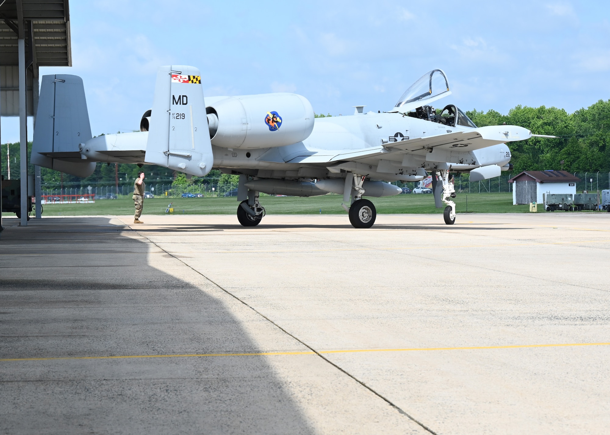 An A-10C Thunderbolt II aircraft assigned to the 104th Fighter Squadron, Maryland Air National Guard, taxis at Warfield Air National Guard Base at Martin State Airport, Maryland, May 30, 2025.