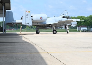 An A-10C Thunderbolt II aircraft assigned to the 104th Fighter Squadron, Maryland Air National Guard, taxis at Warfield Air National Guard Base at Martin State Airport, Maryland, May 30, 2025.