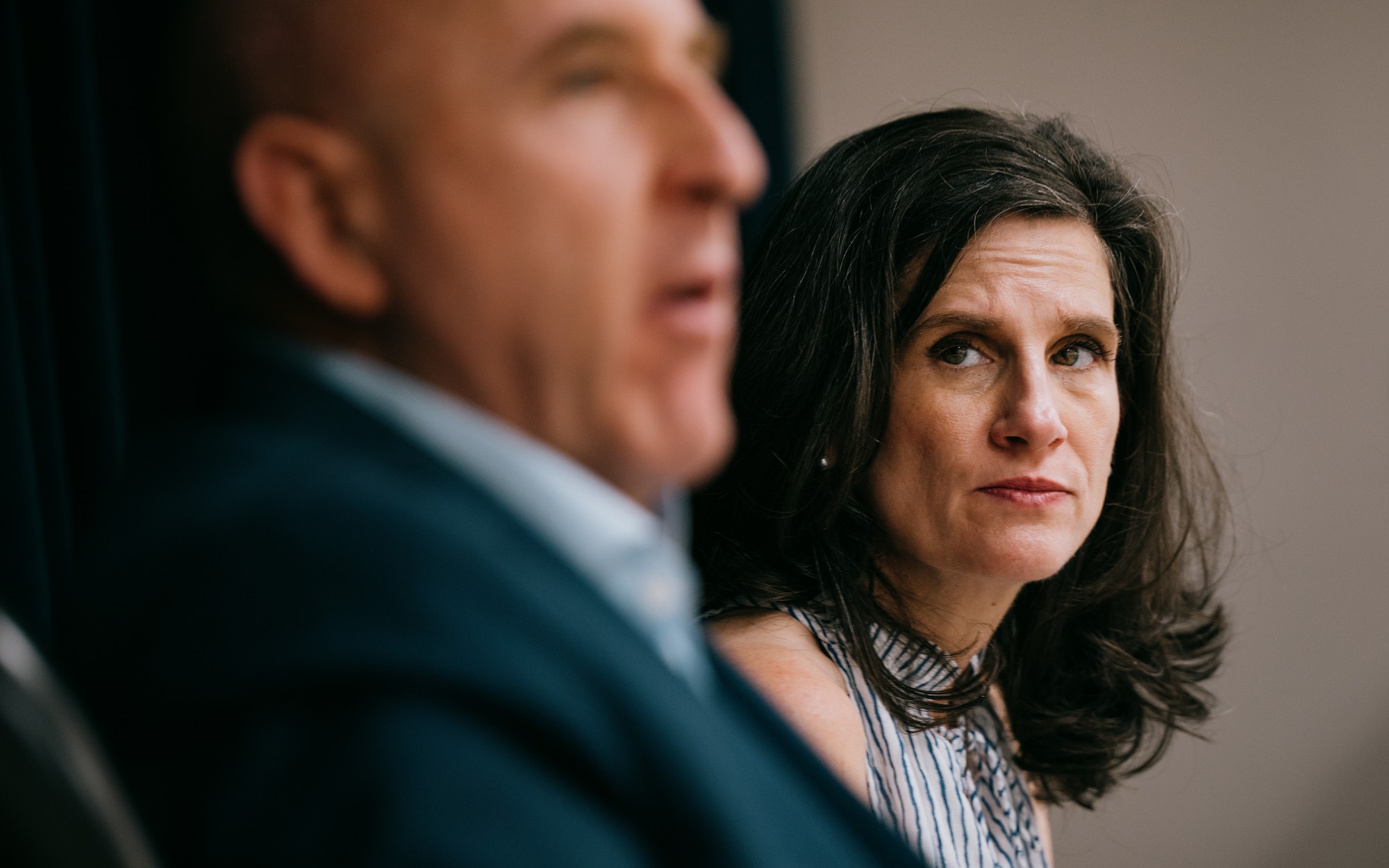 Dinah Thomas, Air Force Aid Society lead spouse, looks to her husband, Retired Maj. Gen. Edward Thomas Jr., AFAS chief executive officer, while they speak to 56th Fighter Wing First Sergeants.