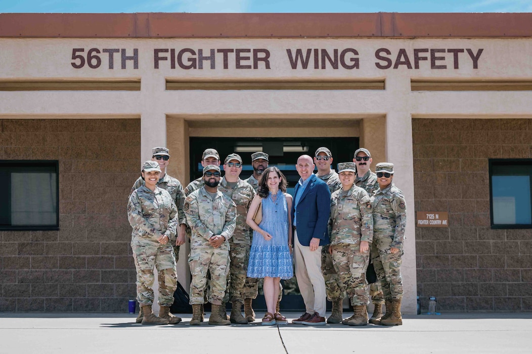 U.S. Air Force Retired Maj. Gen. Edward Thomas Jr., Air Force Aid Society chief executive officer and his wife, pose for a photo with 56th Fighter Wing First Sergeants.