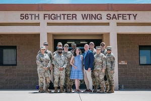 U.S. Air Force Retired Maj. Gen. Edward Thomas Jr., Air Force Aid Society chief executive officer and his wife, pose for a photo with 56th Fighter Wing First Sergeants.