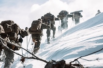 U.S. Marines and Sailors with Combat Logistics Battalion 6, Combat Logistics Regiment 2, 2nd Marine Logistics Group, and 1st Battalion, 6th Marine Regiment, 2d Marine Division, hike as part of a tactical exercise during Mountain Training Exercise 2-25 at Marine Corps Mountain Warfare Training Center Bridgeport, California, March 3, 2025. MTX 2-25 is designed to prepare units to survive, strengthen expeditionary warfare tactics, and build confidence in their abilities to operate in a cold weather, high-altitude, mountainous environment. (U.S. Marine Corps photo by Sgt. Mary Torres)