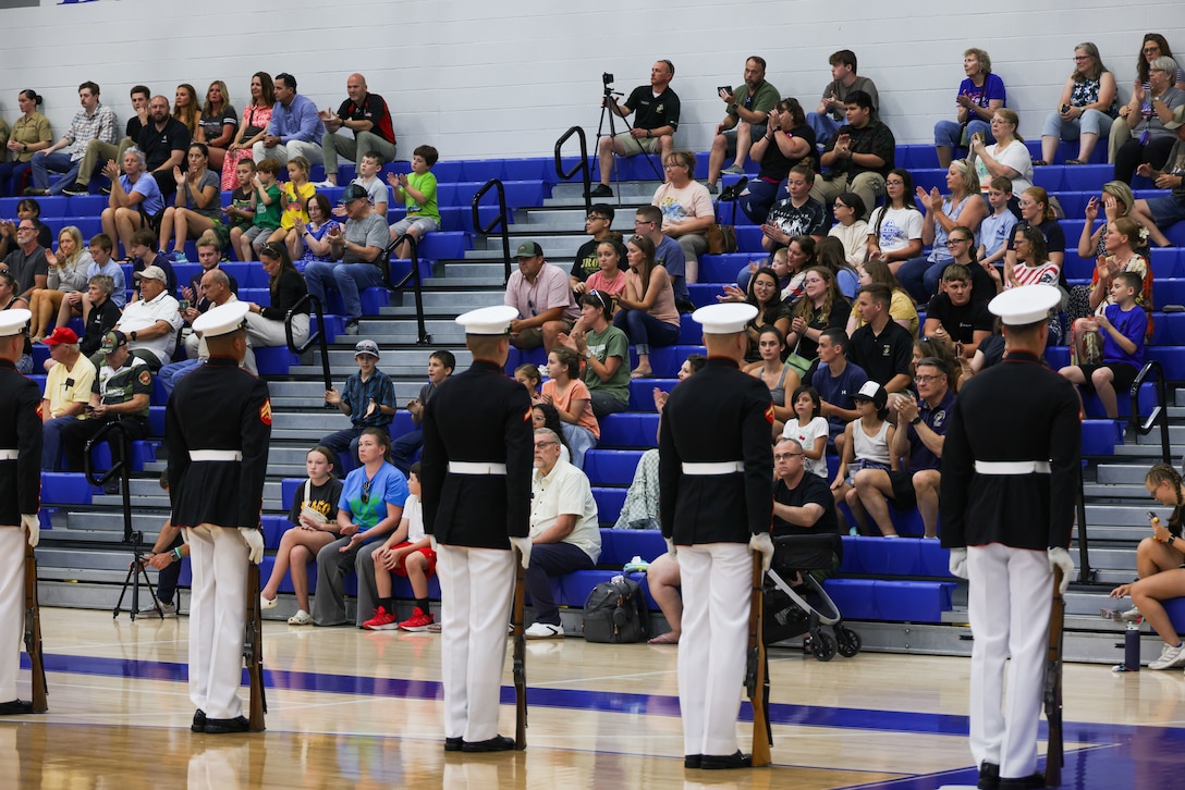 The U.S. Marine Corps Silent Drill Platoon performs at Lebanon High School during Marine Week Nashville in Lebanon, Tn., June 3, 2025. During Marine Week Nashville, Marines with Marine Corps Recruiting Command interacted with local high schools and businesses and supported sporting events, ceremonies and performances from the Silent Drill Platoon and the 2nd Marine Aircraft Wing Band. The Marine Corps is celebrating its 250th birthday with six multi-day Marine Corps community events, called Marine Weeks, in six major cities across the country. Marine Weeks will include activations across each host city featuring aircraft, equipment, recruiting opportunities, and public engagements. (U.S. Marine Corps photo by Lance Cpl. Brenna Ritchie)