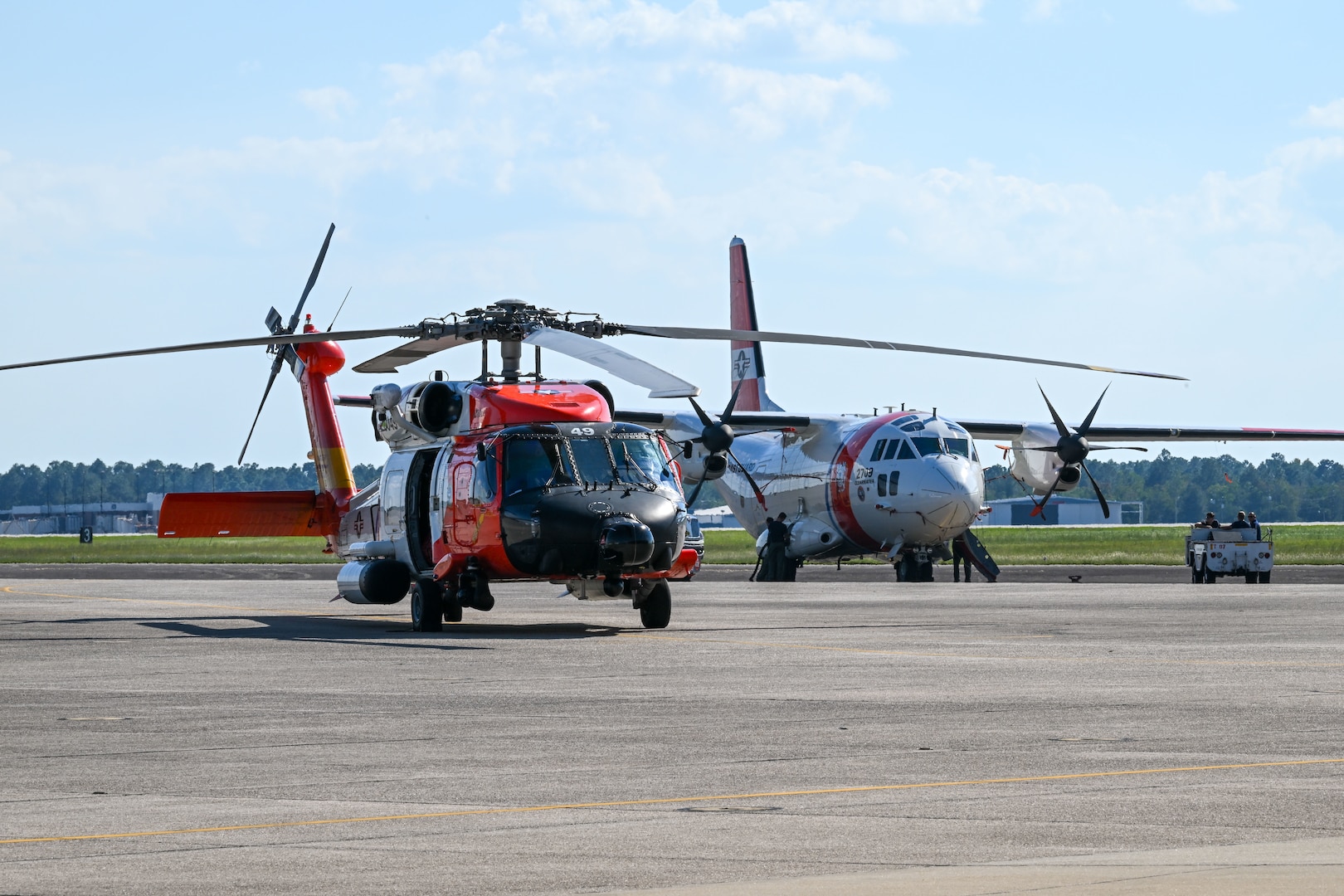 Coast Guard crews from Air Station Clearwater pre-stage assets at Coast Guard Aviation Training Center Mobile to assist post-Hurricane Milton, in Mobile, Alabama, Oct. 7, 2024. Following the hurricane’s departure, Coast Guard crews stand ready for search and rescue and will assess ports and waterways to ensure mariners can transit safely through the area. (U.S. Coast Guard video by Petty Officer 1st Class Riley Perkofski)