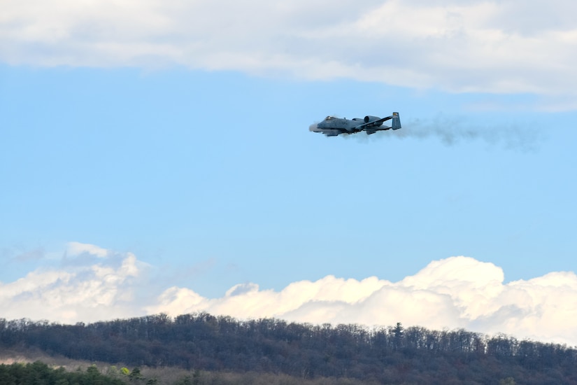 A 175th Wing A-10 conducts training at Bollen Air-to-Ground Range located at Fort Indiantown Gap, Annville, Pennsylvania, April 15, 2025. Bollen Range is operated by the 193rd Special Operations Wing and supports training activities for a variety of aircraft from U.S. Air Force units as well as additional military helicopter, heavy transport and special mission aircraft conducting training in the northeastern United States. (U.S. Air National Guard photo by Airman Austin Stern)