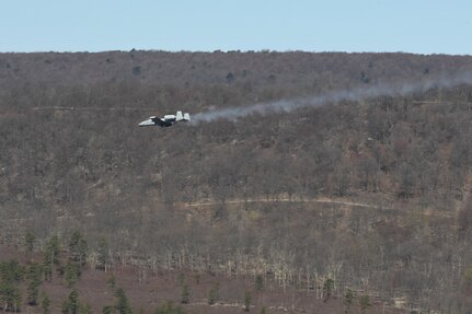 A 175th Wing A-10 conducts training at Bollen Air-to-Ground Range located at Fort Indiantown Gap, Annville, Pennsylvania, April 15, 2025. Bollen Range is operated by the 193rd Special Operations Wing and supports training activities for a variety of aircraft from U.S. Air Force units as well as additional military helicopter, heavy transport and special mission aircraft conducting training in the northeastern United States. (U.S. Air National Guard photo by Airman Austin Stern)