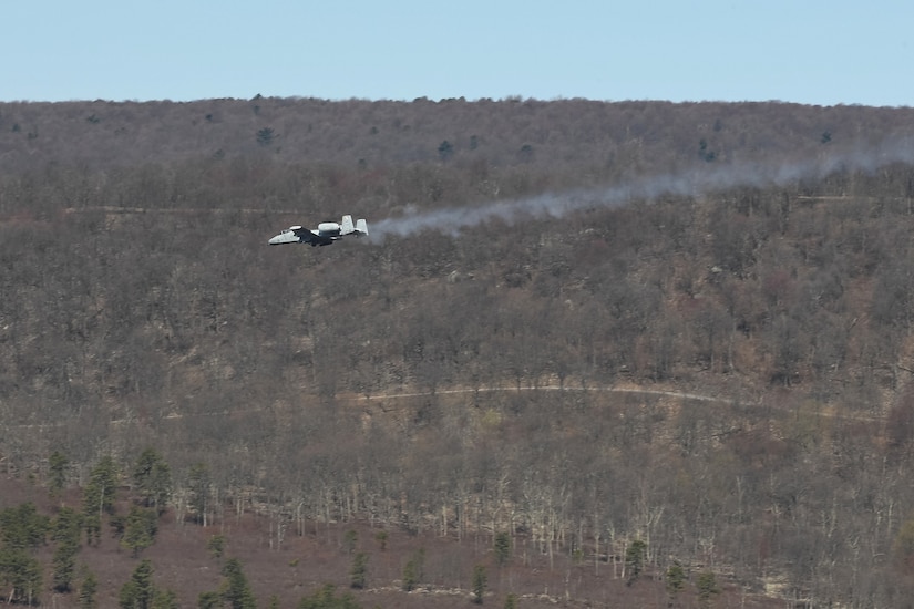 A 175th Wing A-10 conducts training at Bollen Air-to-Ground Range located at Fort Indiantown Gap, Annville, Pennsylvania, April 15, 2025. Bollen Range is operated by the 193rd Special Operations Wing and supports training activities for a variety of aircraft from U.S. Air Force units as well as additional military helicopter, heavy transport and special mission aircraft conducting training in the northeastern United States. (U.S. Air National Guard photo by Airman Austin Stern)