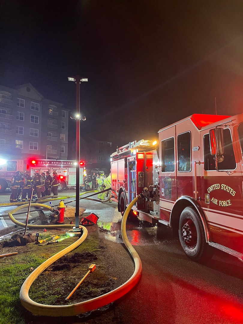 U.S. Air National Guard firefighters respond to a fire in South Burlington, VT, June 4, 2025.