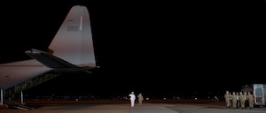 A U.S. Navy carry team transfers the remains of U.S. Navy Master-at-Arms Seaman Apprentice Aristan R. Johnson of Round Rock, Texas, June 3, 2025, at Dover Air Force Base, Delaware.  Johnson was assigned to Navy Security Forces Guantanamo Bay. (U.S. Air Force photo by Tech. Sgt. Rusty Frank)